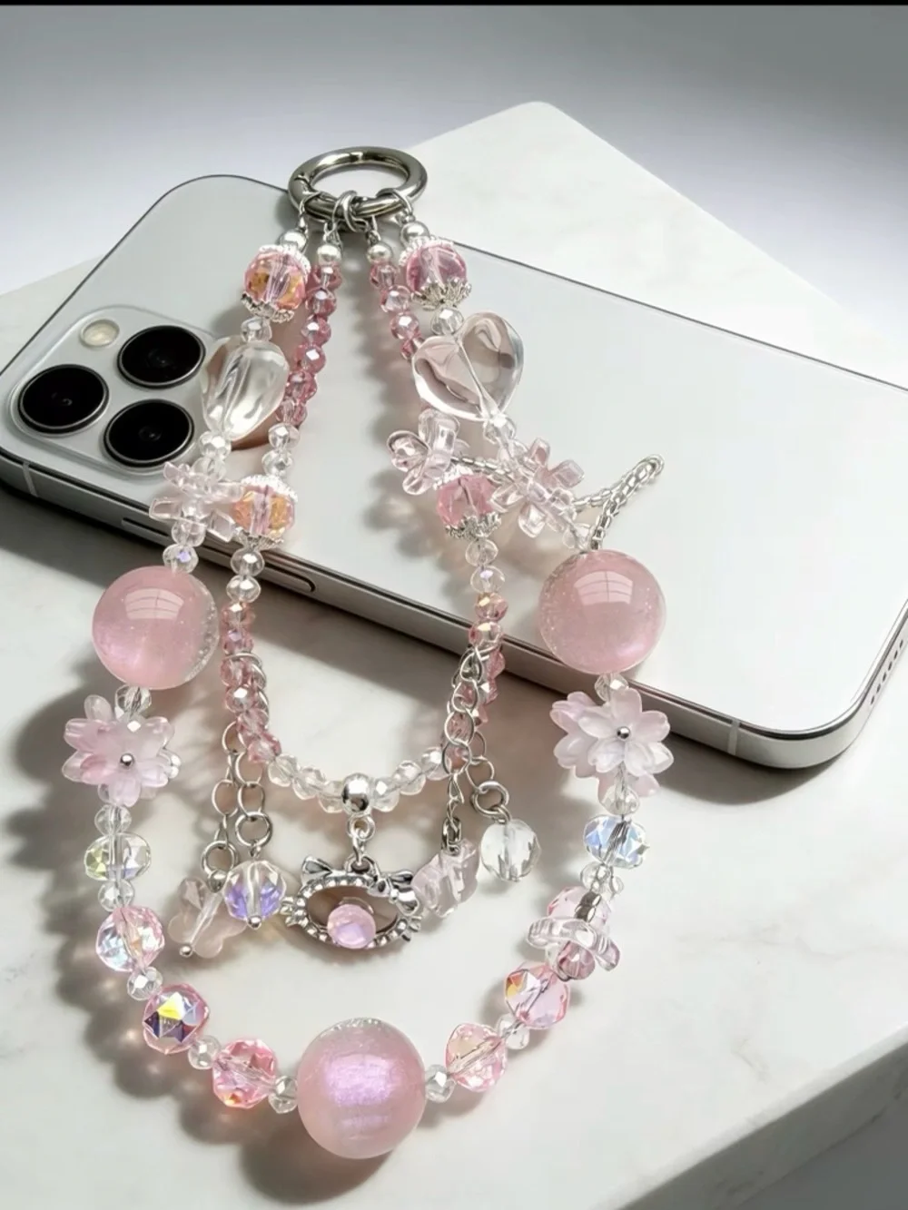 Pink Beaded Phone Chain SoftGirl Aesthetic Strap Cute Phone Charm Floral Lanyard